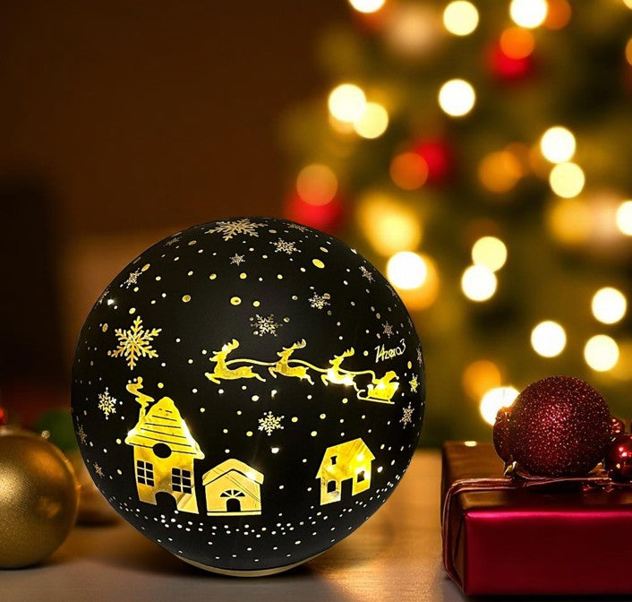 LED Glas Kugel schwarz mit 10 LED D:12cm Motiv: Weihnachtsdorf