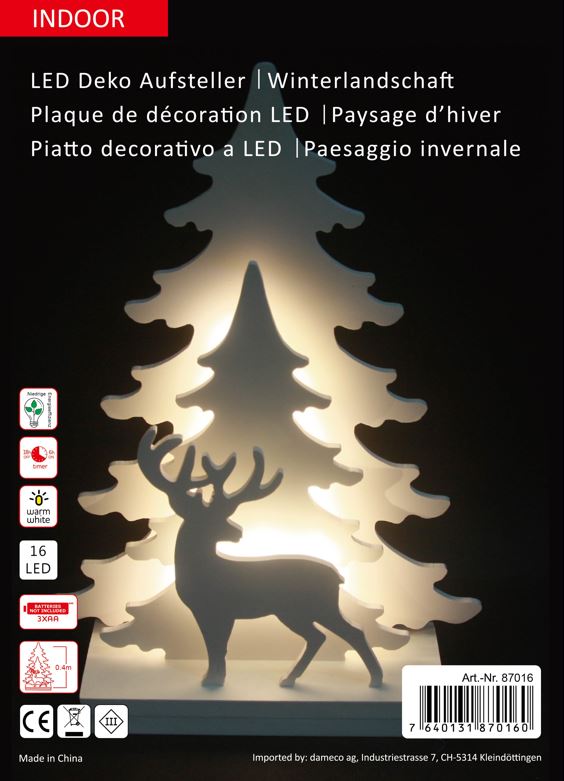 LED Deko-Aufsteller mit 16 LED H: 40.5cm Motive: Tannen und Rentier Farbe: Weiss