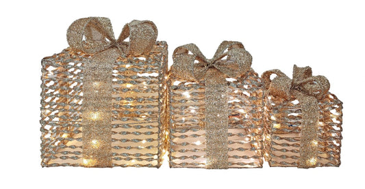 LED Geschenkboxen 3er Set gold mit Glitter mit warm weissen 20LED Indoor