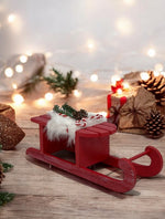 Schlitten aus Holz mit Fell und Weihnachts-Deko Farbe: Rot