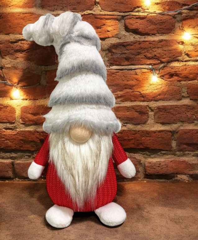 Deko Wichtel Santa stehend rot weiss mit flauschiger Mütze grau weiss