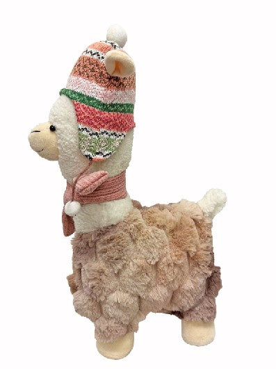 Deko Alpaca stehend in Weiss mit Mütze rosa