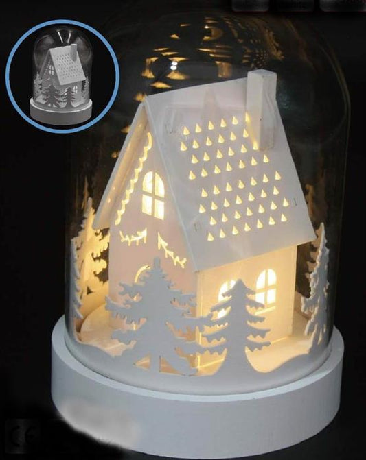 LED Glasglocke mit 3LED 
auf weissem Holz Sockel
Haus im Wald 
warm weisses Licht