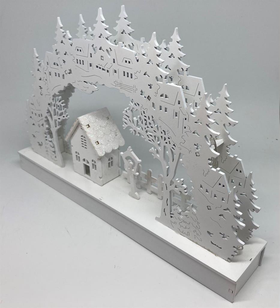LED Diorama aus Holz mit 10 LED Dorf und Bogen warm weisses Licht