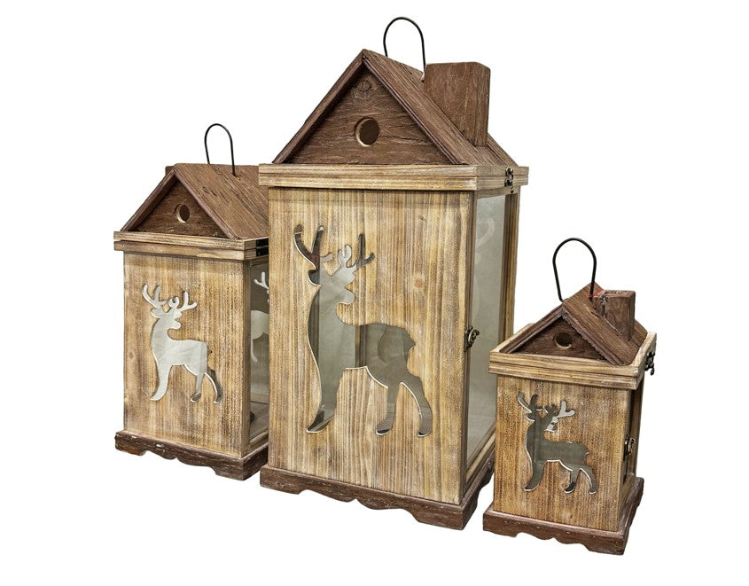 Laterne 3er Set Haus aus Holz mit Hirsch Design mit Metalldach Farbe: Braun