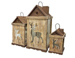 Laterne 3er Set Haus aus Holz mit Hirsch Design mit Metalldach Farbe: Braun