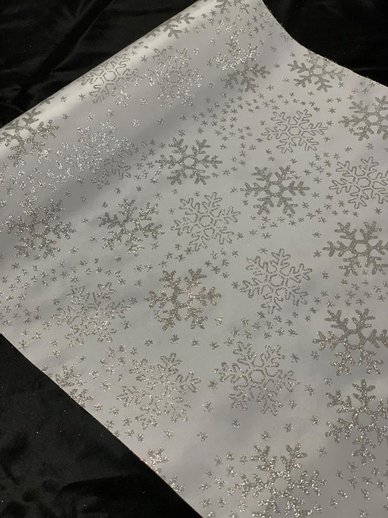 Dekostoff Satin Weiss + silber Glitzer
Design: Schneeflocken
Masse: 36cm x 300cm
