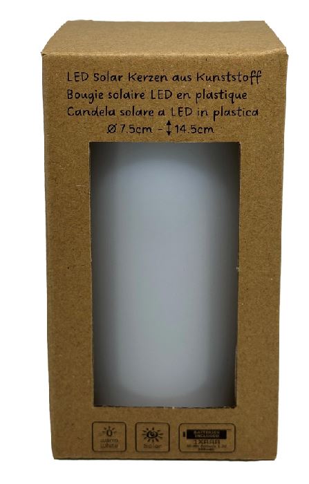 LED Solar Kerze Kunststoff 
Outdoor wasserdicht IP44 
D:7.5cm - H:14.5cm 
Farbe weiss