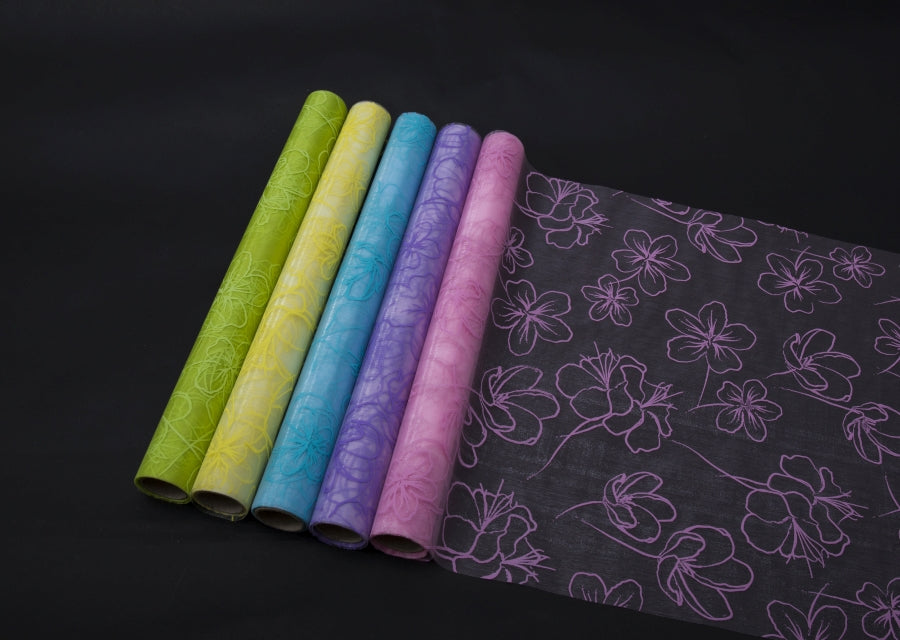 Dekostoff "Organza" gerollt 
und geschnitten gelb 
Blumendruck 
36cm x 300cm