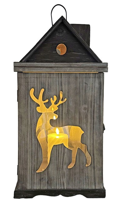 Laterne 3er Set Haus aus Holz mit Hirsch Design mit Metalldach Farbe: Braun