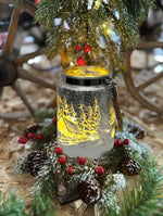 Windlicht aus Glas mit Hanfseil Henkel Bergdorfmotiv silber H14.5