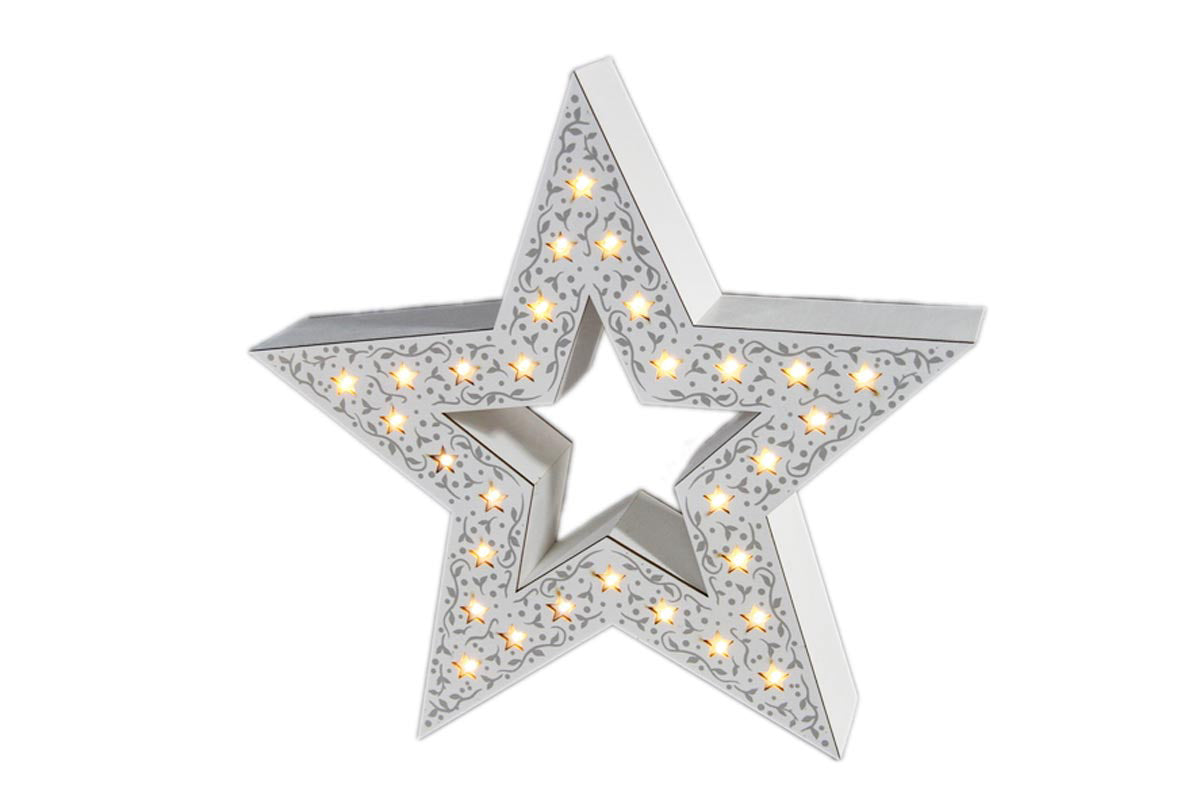 LED Stern aus Holz mit 30 LED 
weiss, mit Design Zeichnung 
Durchmesser: 37cm