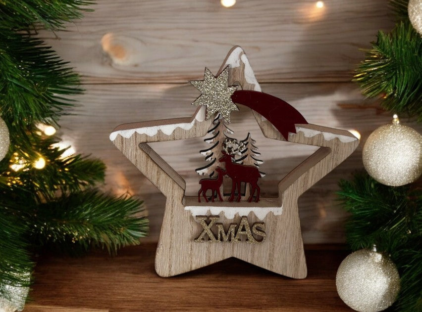 Deko Aufsteller Stern mit Rentier und Wald aus Holz