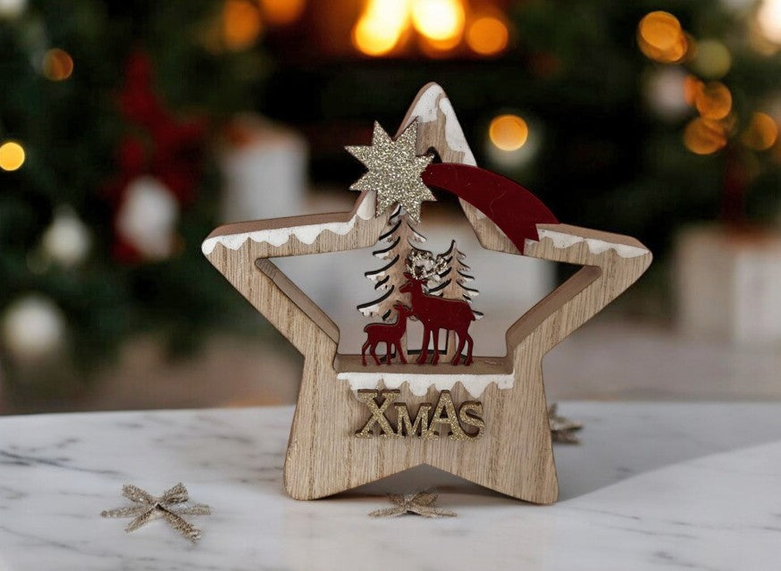 Deko Aufsteller Stern mit Rentier und Wald aus Holz