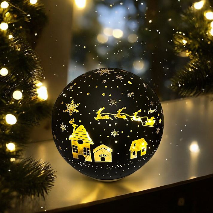 LED Glas Kugel schwarz mit 10 LED D:15cm Motiv: Weihnachtsdorf
