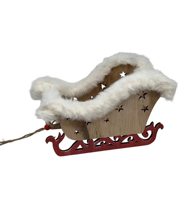 Schlitten aus Holz mit Fell dekoriert Rote Kufen L:9cm B:20.5cm H:12.5cm