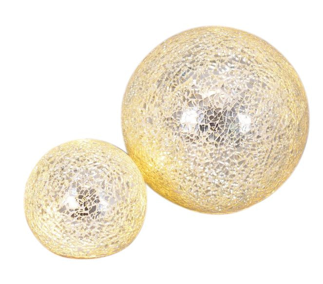 LED Glas-Ball Silber 2er Set - gebrochenes Glas mit Mosaikstruktur D: 10cm u. 15cm
