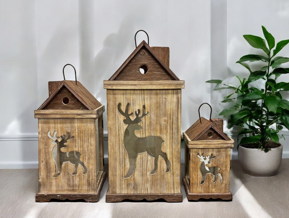 Laterne 3er Set Haus aus Holz mit Hirsch Design mit Metalldach Farbe: Braun