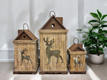 Laterne 3er Set Haus aus Holz mit Hirsch Design mit Metalldach Farbe: Braun