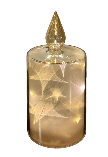 LED Glas Deko Kerze transparent gold mit 12 LED Sternenmotive 3D