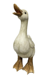 Ente stehend aus Polyresin 
Farbe: Weiss 
B:14cm T:22cm H:38cm