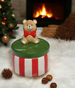 Deko Dose Teddybär weiss rot gestreift grüner Deckel