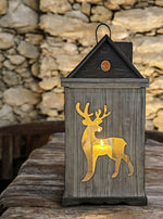 Laterne 3er Set Haus aus Holz mit Hirsch Design mit Metalldach Farbe: Braun
