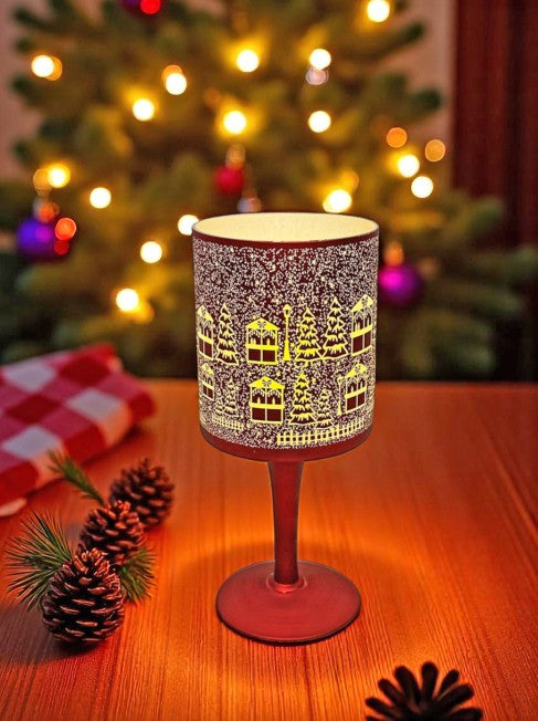 Windlicht Kelch aus Glas Bergdorfmotiv rot weiss