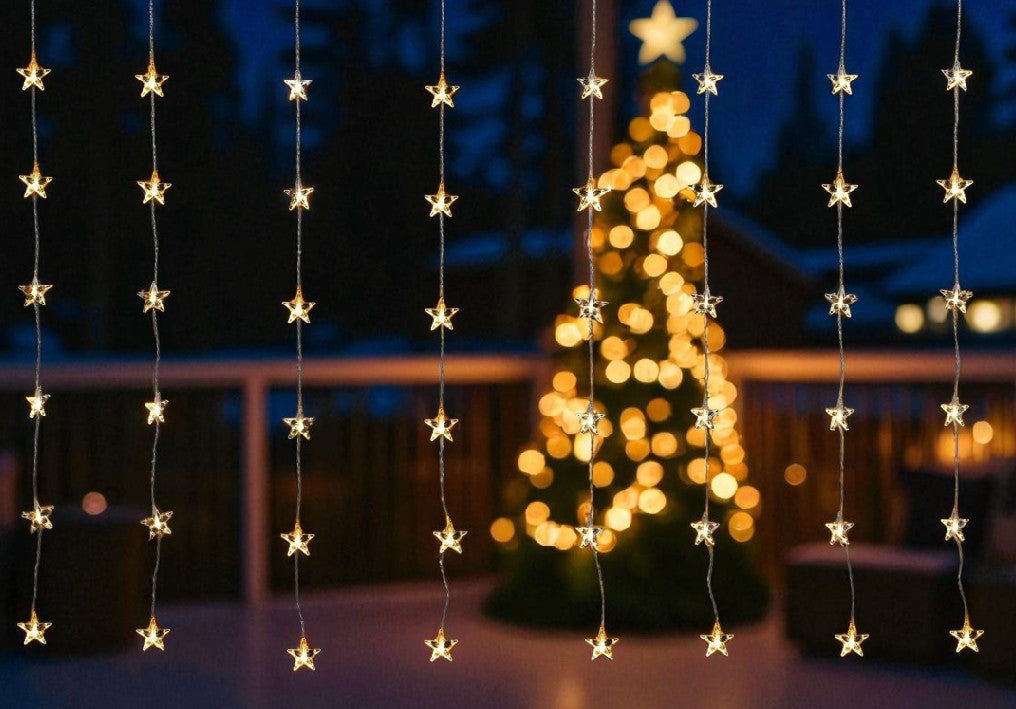 LED Lichtervorhang Outdoor 
mit Sternen 48 LED
B:175cm H:120cm
Warm weisses Licht