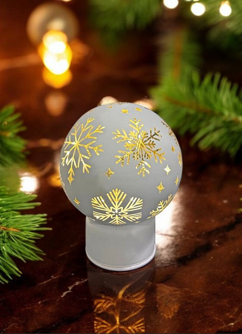 LED Glas Deko Kugel silber mit Rotation mit 15 LED Schneeflocken Motive