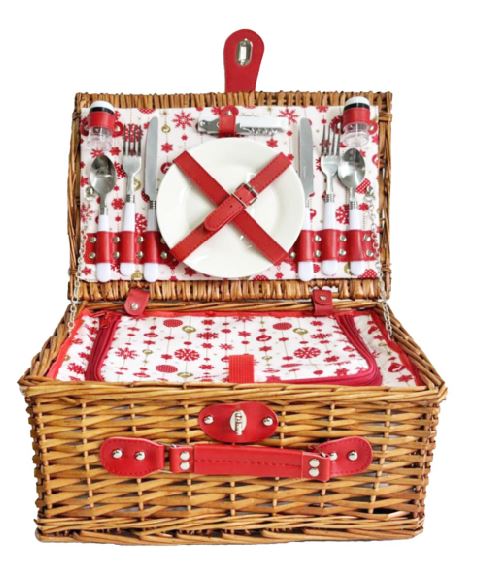PicknickKorb für 2 Personen rote Weihnachtsmotive hellbraun