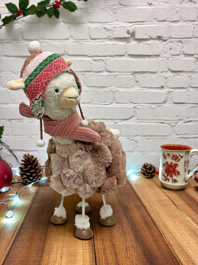 Deko Alpaca stehend wippend in Weiss mit Mütze rosa