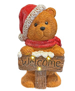 LED Deko Bär mit Schild Welcome und roter Mütze