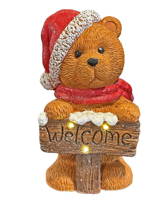 LED Deko Bär mit Schild Welcome und roter Mütze