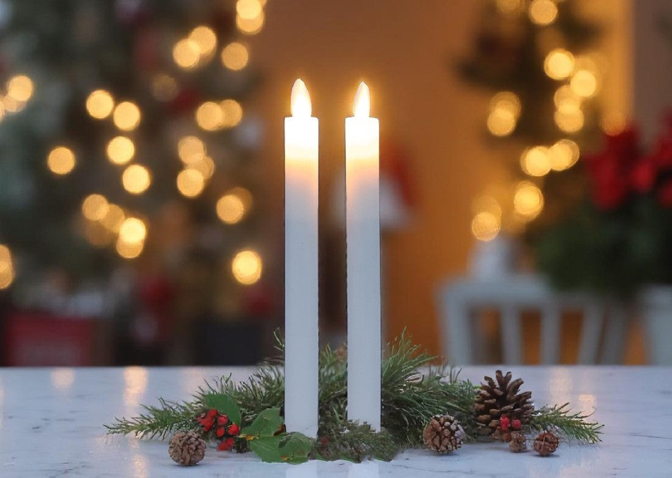 LED Stabkerze weiss aus Wachs 2er Set, D:2cm - H:24cm mit beweglicher Flamme