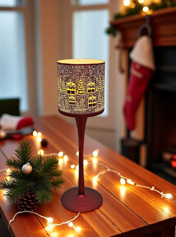 Windlicht Kelch aus Glas Bergdorfmotiv rot weiss