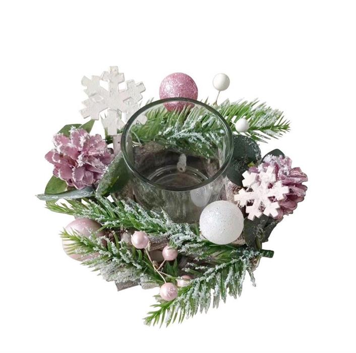 Bougeoir de Noël en bois
 avec des éléments décoratifs roses
 pour une bougie ou une bougie chauffe-plat