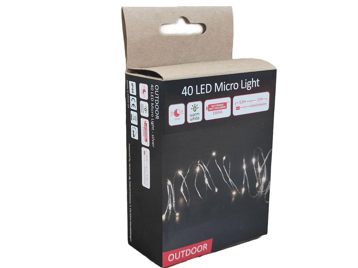 LED Outdoor Micro Draht Lichterkette 40 LED, L: 390cm silber Draht