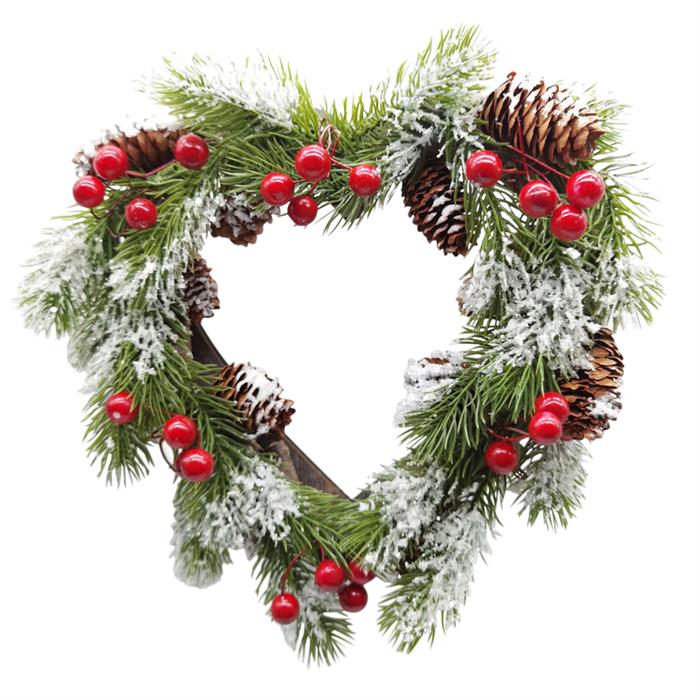 Weihnachtskranz in Herzform
mit roten Dekorationselementen
Durchmesser 25cm