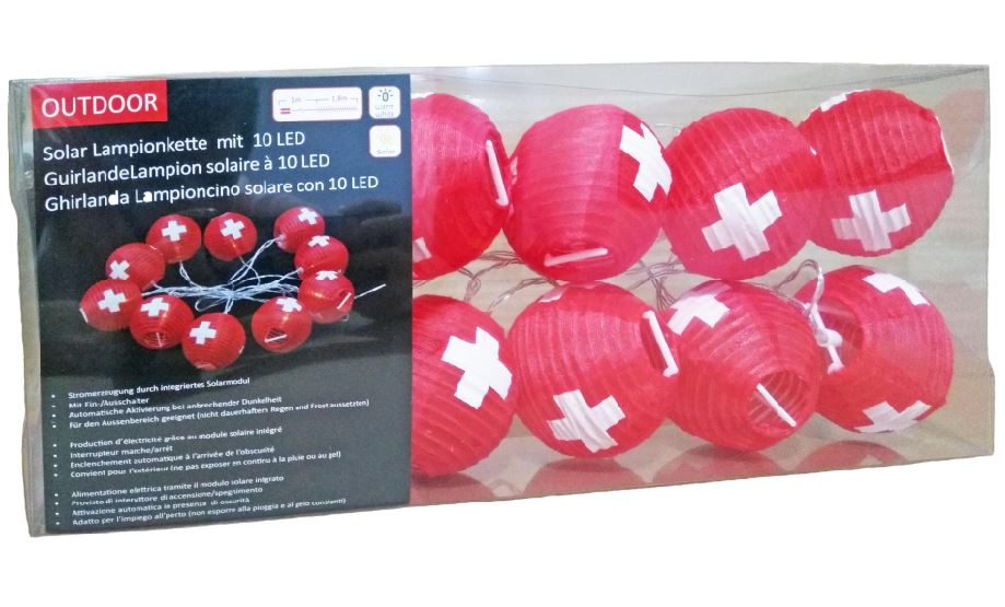 LED Solar Lampion Kette mit 10 LED 
Schweiz L: 180cm + Anschlusskabel 
100cm, Outdoor