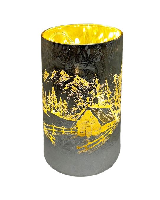 Windlicht aus Glas Bergdorfmotiv silber H13.5cm