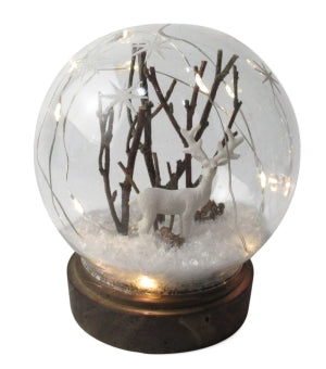 LED Glas Kugel auf braunem 
Sockel mit 12 LED
D:15cm H:16cm
Warm weisses Licht