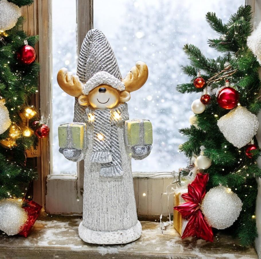 LED Deko Figur Elch mit Geschenken in der Hand mit 3 LED