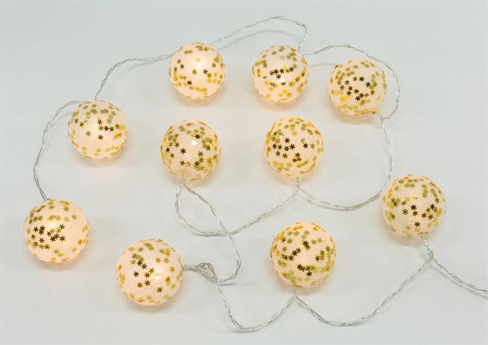 Guirlande lumineuse LED avec 10 LED
 Paillettes sur boules blanches avec
 flocons de neige dorés