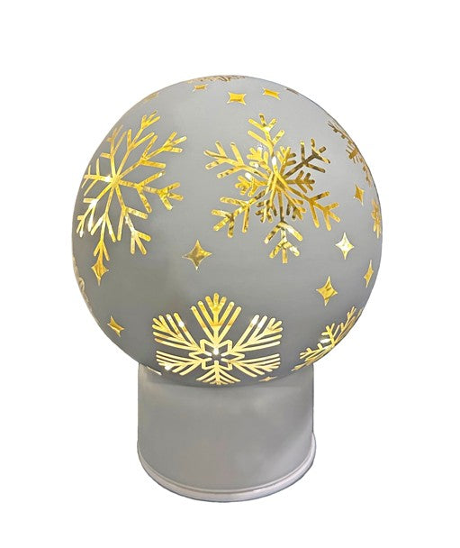 LED Glas Deko Kugel silber mit Rotation mit 15 LED Schneeflocken Motive