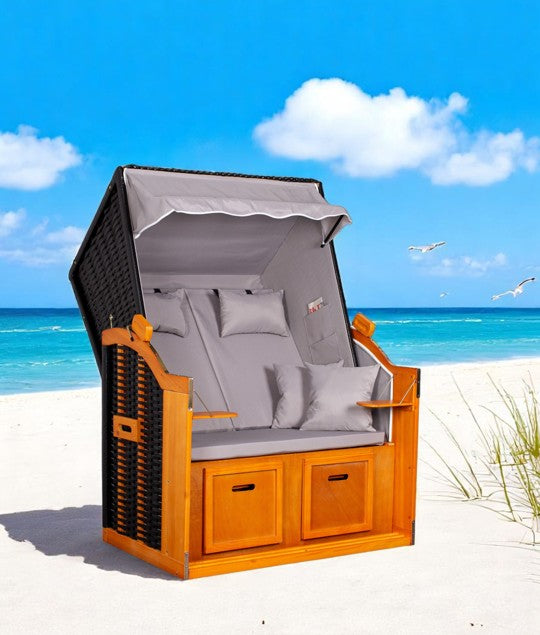 Strandkorb "Ostsee" Uni-Grau Massivholzgestell / wetterfestes Kunstrattan (schwarz)