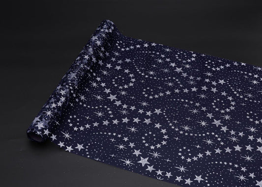 Dekostoff "Organza" Farbe: Dunkelblau mit Sternen 36x300cm gerollt und geschnitten