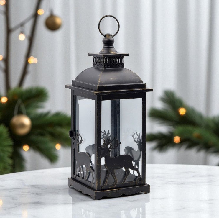 Laterne aus Metall schwarz mit Hirsch Design 14 x 14 x 35cm