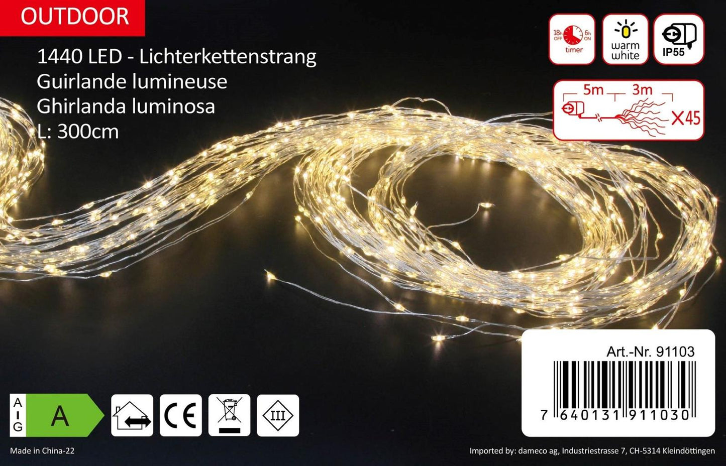 LED Outdoor Lichterkettenstrang
1440 LED, L: 300cm
silber Draht
Warm weiss Licht