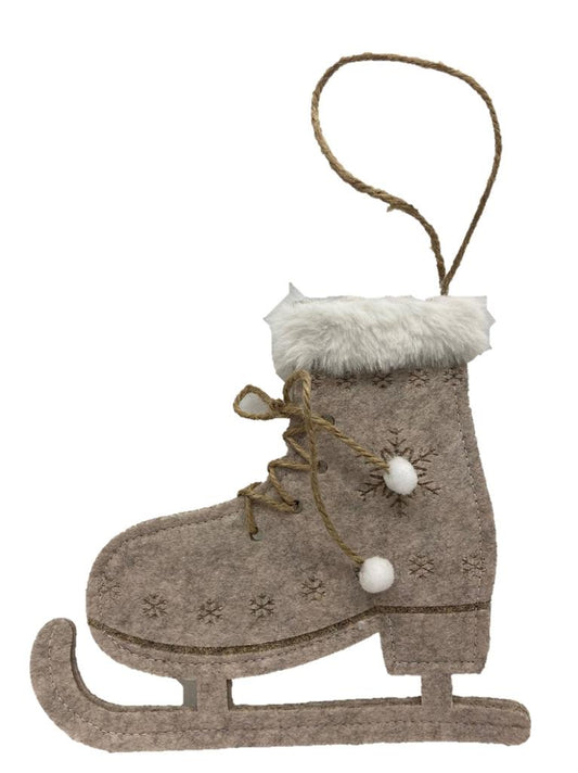 Hänger Deko Schlittschuh  
Filz mit Schneeflocken
verziert, weissem Saum
Schnürsenkel